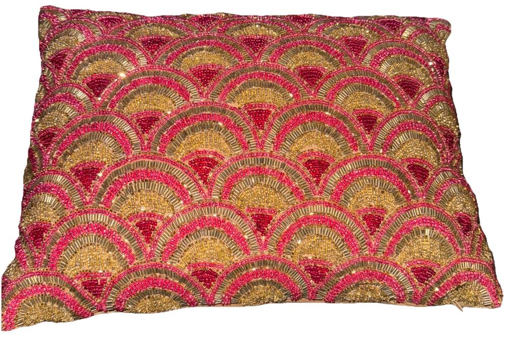 NWT India Pink And Gold Peacock Beaded Pillow Abstract Design 16x12"Decorative
